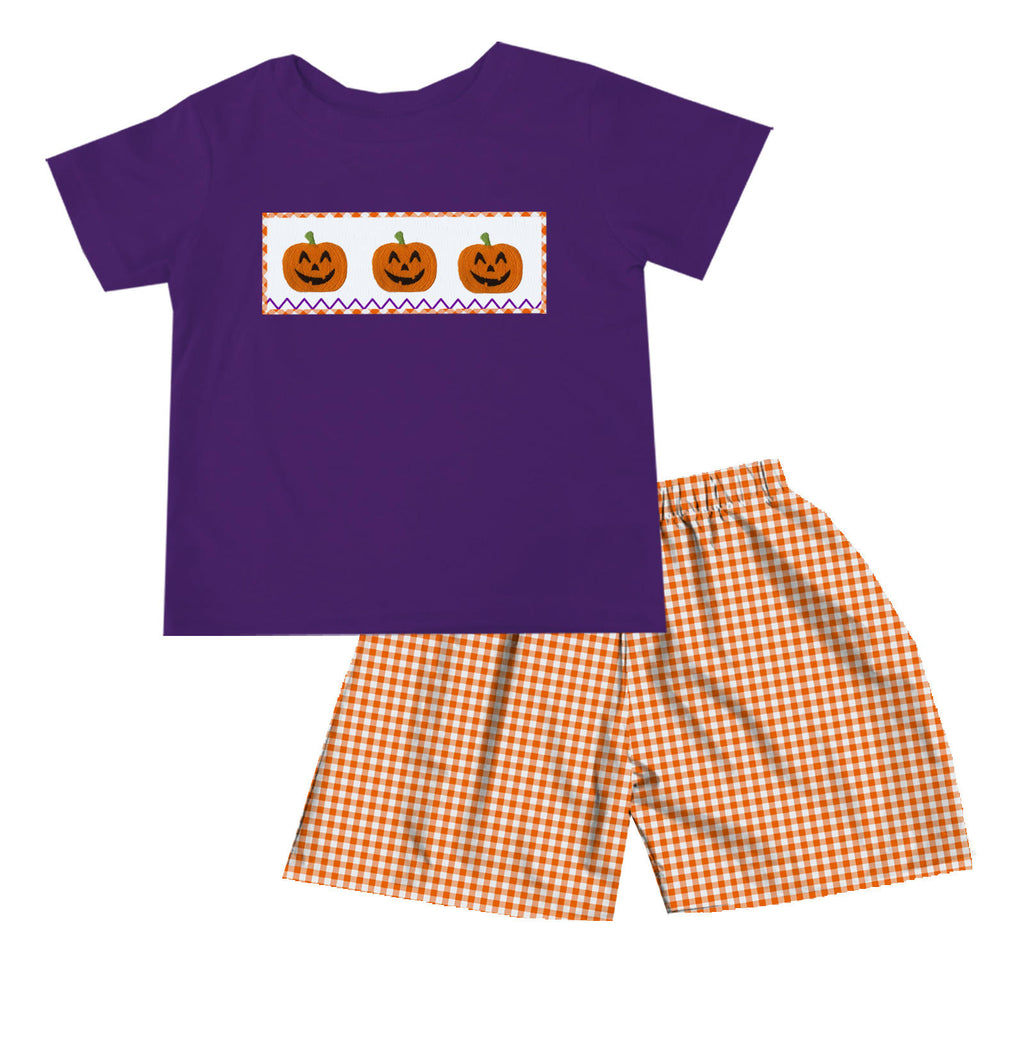 2022 Purple Gingham Halloween Boy Short Set