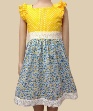 Yellow Dot/Blue Floral with Lace Dress