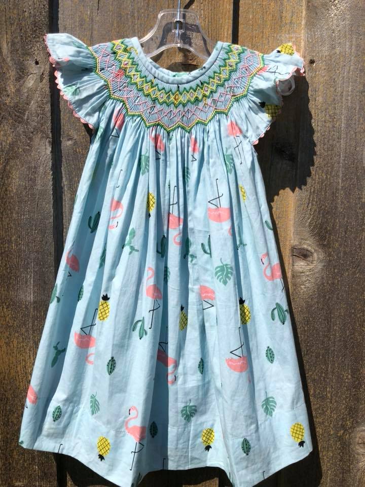 Blue Pineapple Flamingo Bishop Dress