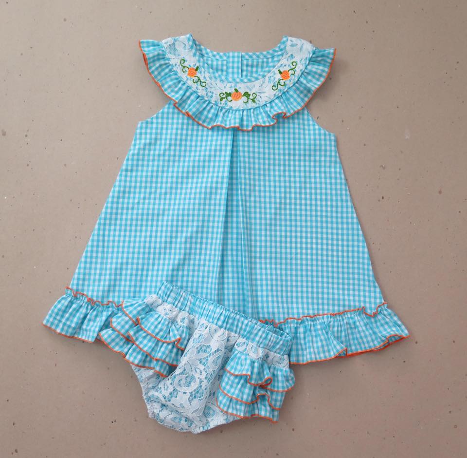 Aqua Embrodiered Pumpkin with Lace Bloomer Set