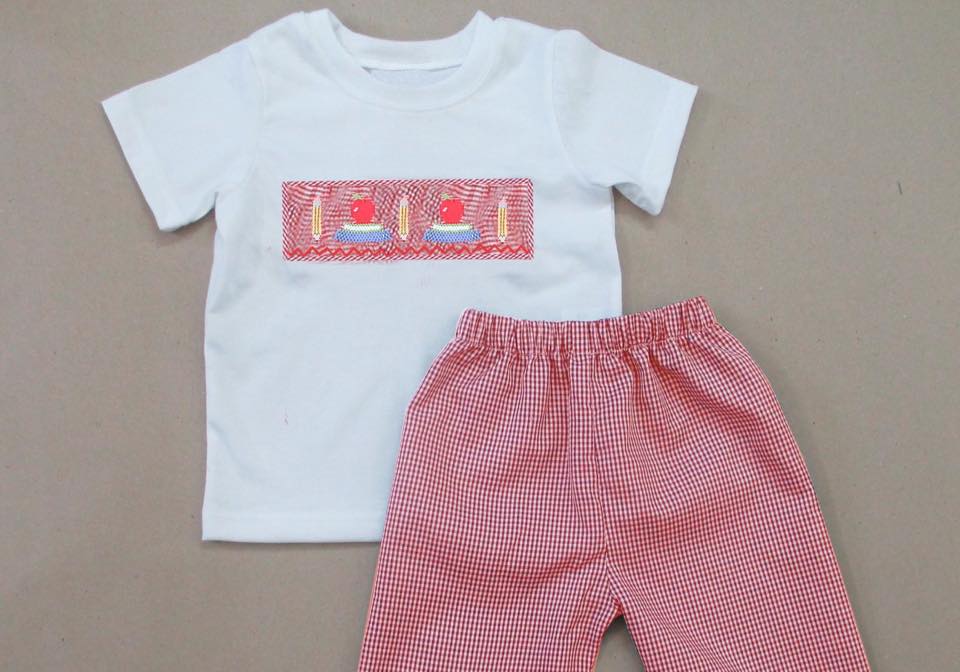 Red Gingham Apples and Pencils Boys Pants