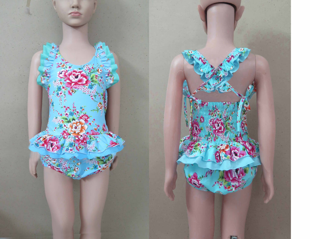 Blue and Pink Floral 1 Piece Swim Suit
