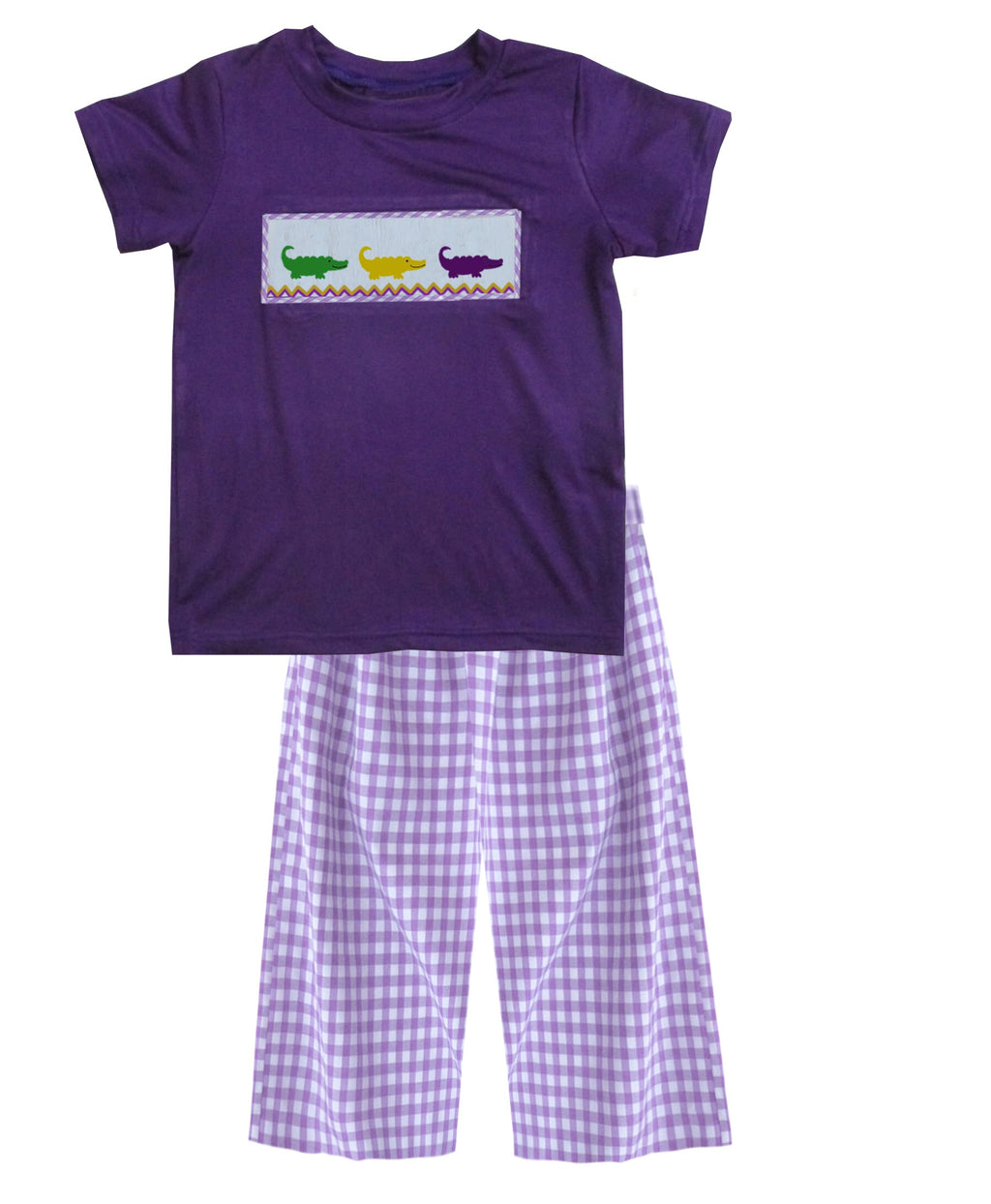 2019 MARDI GRAS Alligator purple T-shirt Gingham pant Set